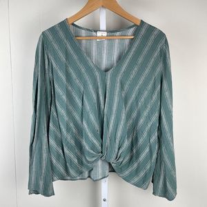 By Together Boutique Green Stripe Twist Front Top Blouse Bell‎ Sleeve Boho Small